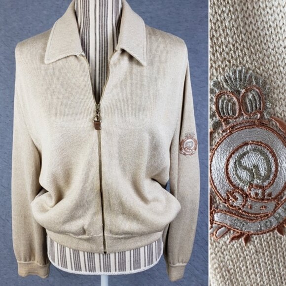 Vintage ST. JOHN Sport Santana Knit Blazer Jacket Crest Full Zip size M Cream - Picture 1 of 16